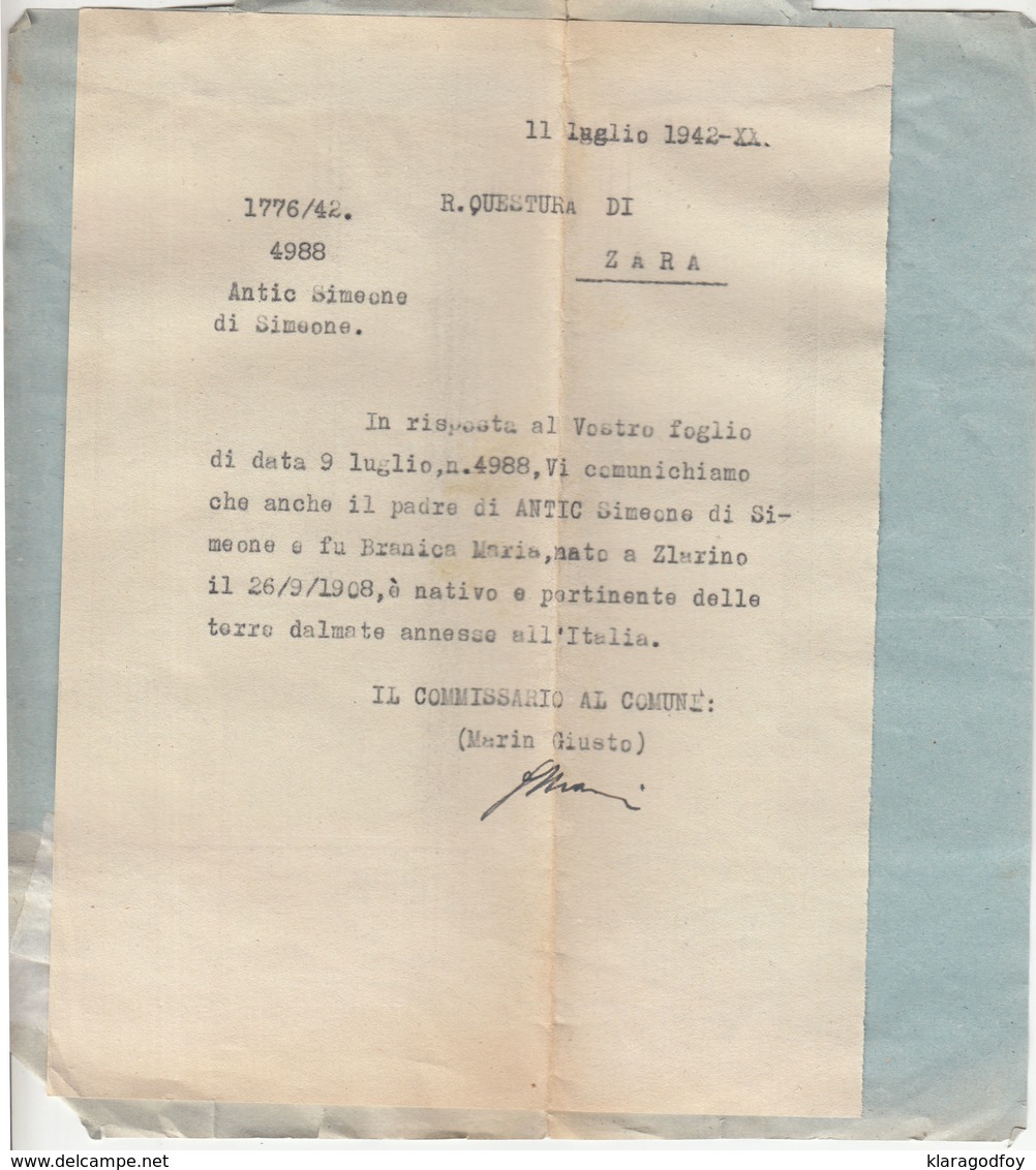 Italy WWII 1942 Questura Di Zara - Zadar Official Letter To Comune Zlarino Zlarin B190220 - Croazia