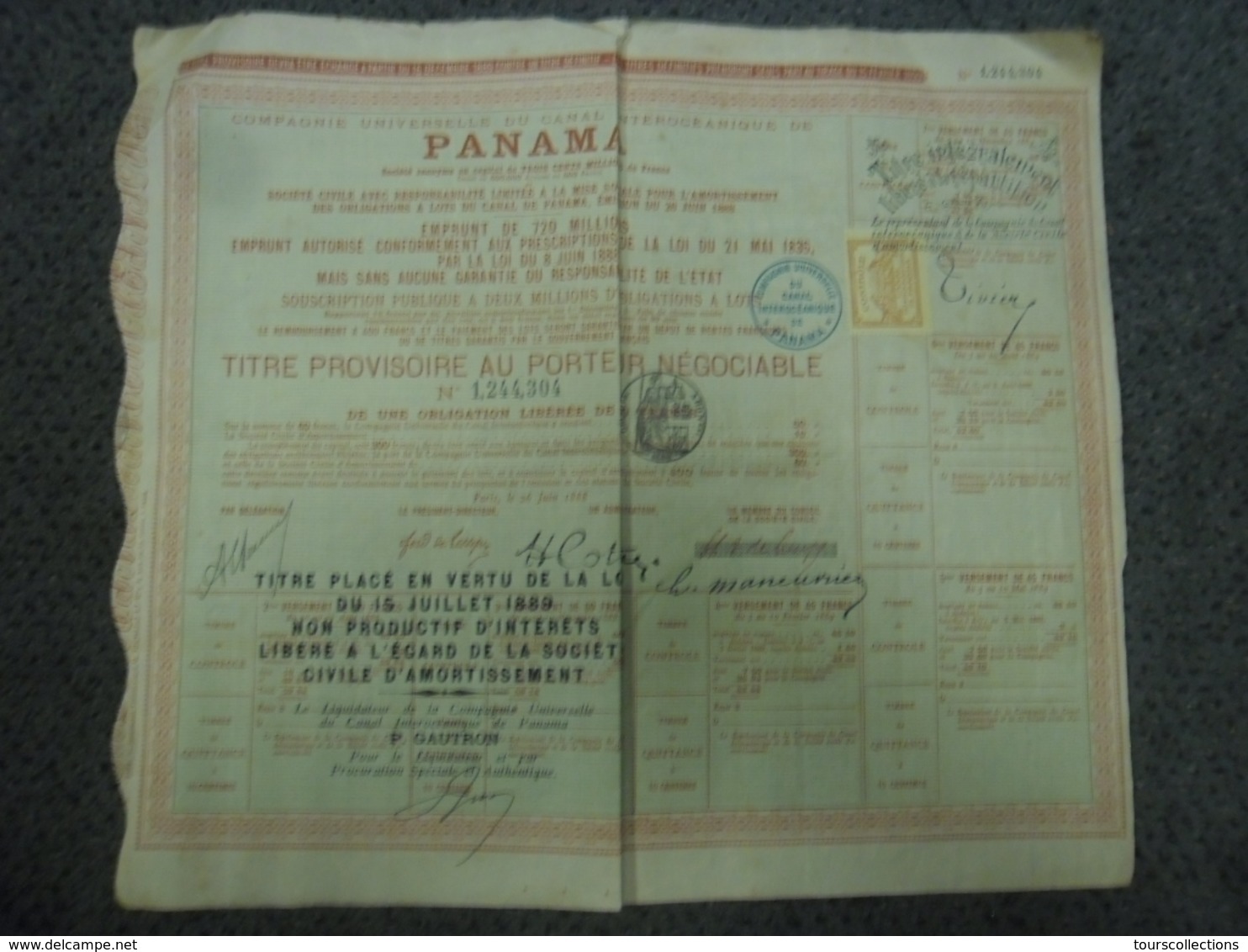 ACTION De 60 F De 1889 CANAL INTEROCEANIQUE De PANAMA COMPAGNIE UNIVERSELLE - Timbres Cachet Remboursé Par Le Sequestre - Navigazione