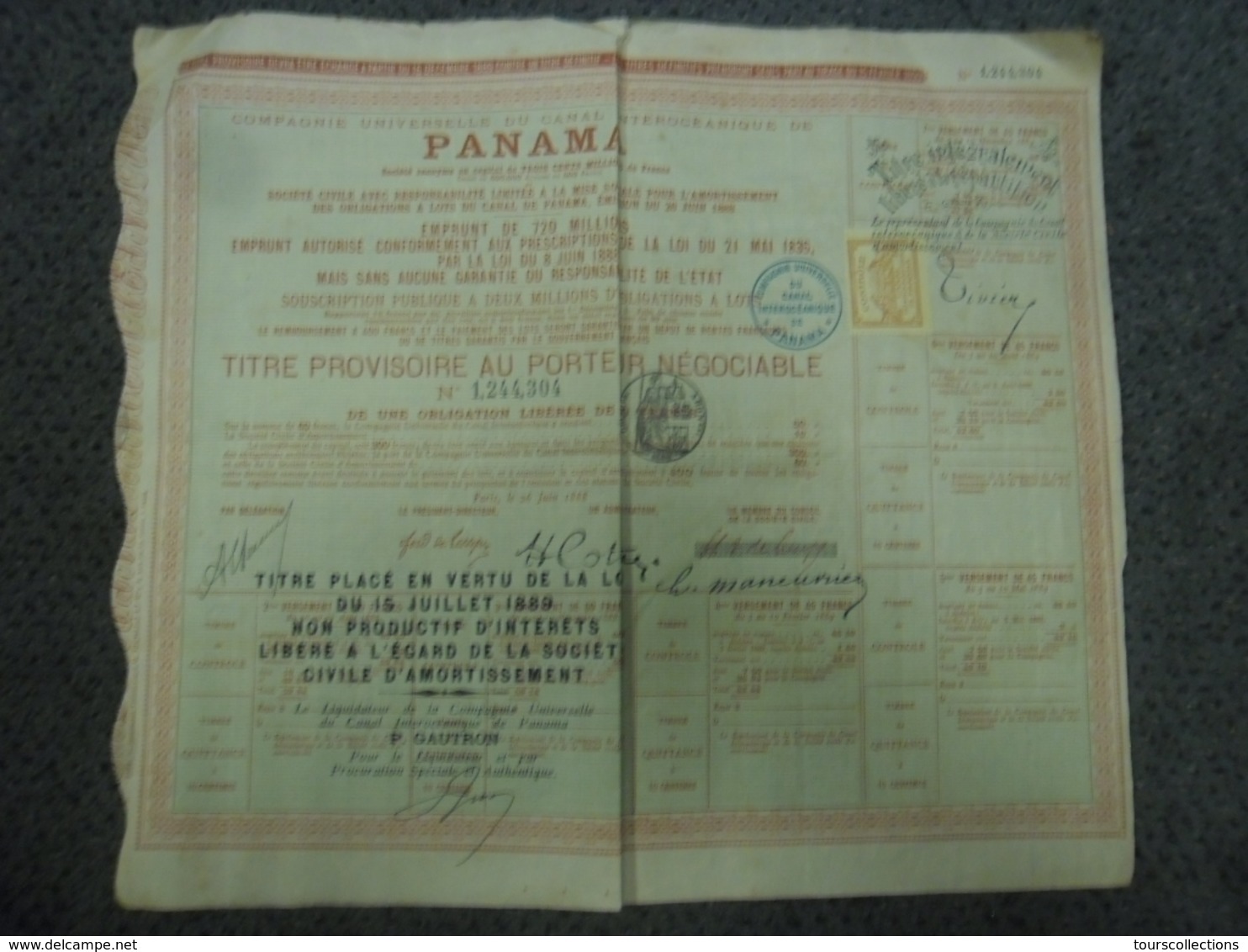 ACTION De 60 F De 1889 CANAL INTEROCEANIQUE De PANAMA COMPAGNIE UNIVERSELLE - Timbres Cachet Remboursé Par Le Sequestre - Navigation