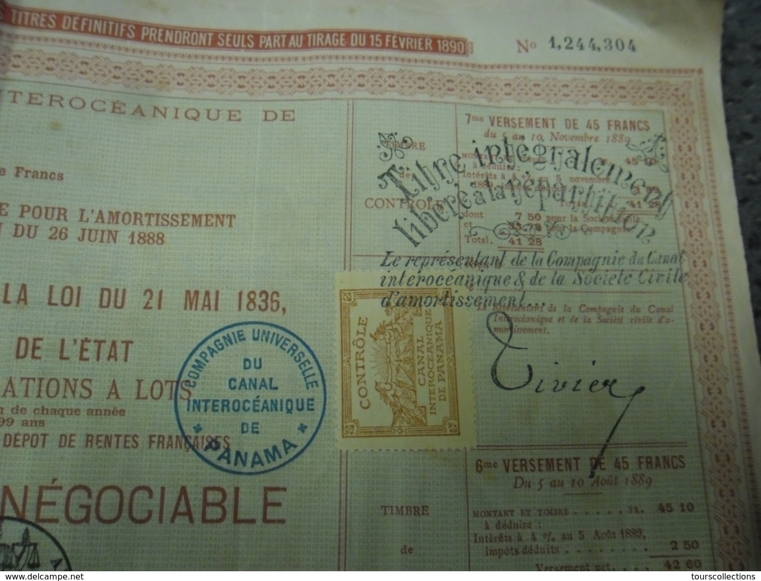 ACTION De 60 F De 1889 CANAL INTEROCEANIQUE De PANAMA COMPAGNIE UNIVERSELLE - Timbres Cachet Remboursé Par Le Sequestre - Navigation