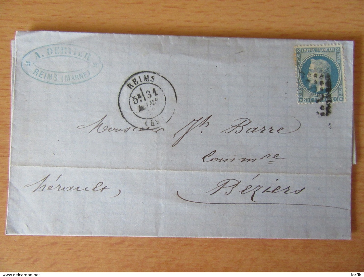 France - Timbre Napoléon III 20c YT N°29B Sur Lettre - Reims Vers Béziers - OB GC ? (3103) - Mars 1870 - 1849-1876: Classic Period