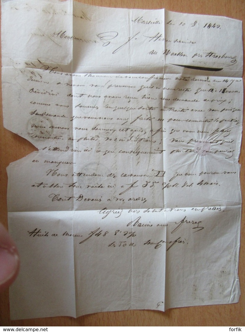 France - Lettre Marseille Vers Strasbourg (Le Wacken) - Taxe Manuscrite Chiffre 6 + Cachet Type 13 - 11 Octobre 1843 - 1801-1848: Vorläufer XIX