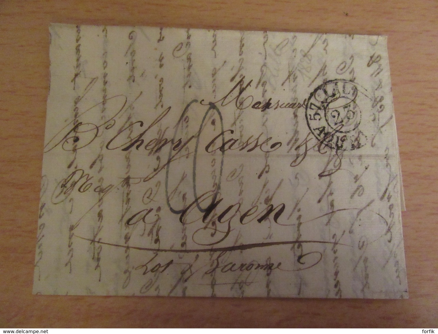 France - Lettre Lille Vers Agen - Chiffre-taxe Manuscrit Bleu + Cachets Dont Essai Timbre à Date Lille 23 Août 1828 - 1801-1848: Precursors XIX