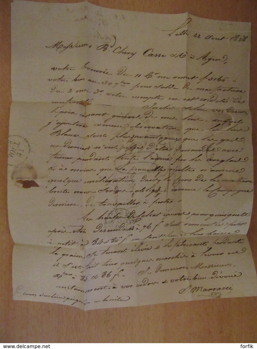 France - Lettre Lille Vers Agen - Chiffre-taxe Manuscrit Bleu + Cachets Dont Essai Timbre à Date Lille 23 Août 1828 - 1801-1848: Precursors XIX