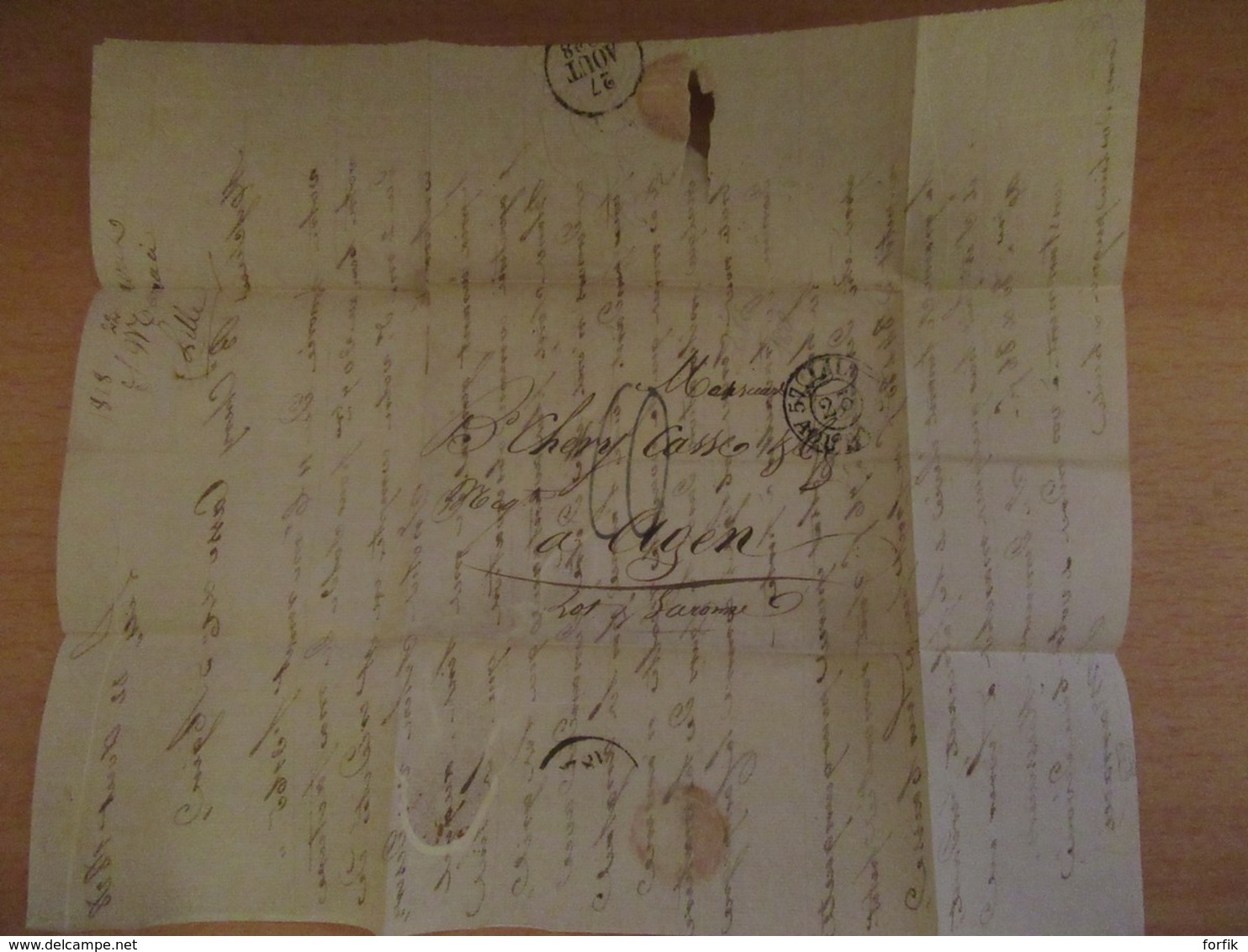 France - Lettre Lille Vers Agen - Chiffre-taxe Manuscrit Bleu + Cachets Dont Essai Timbre à Date Lille 23 Août 1828 - 1801-1848: Precursors XIX