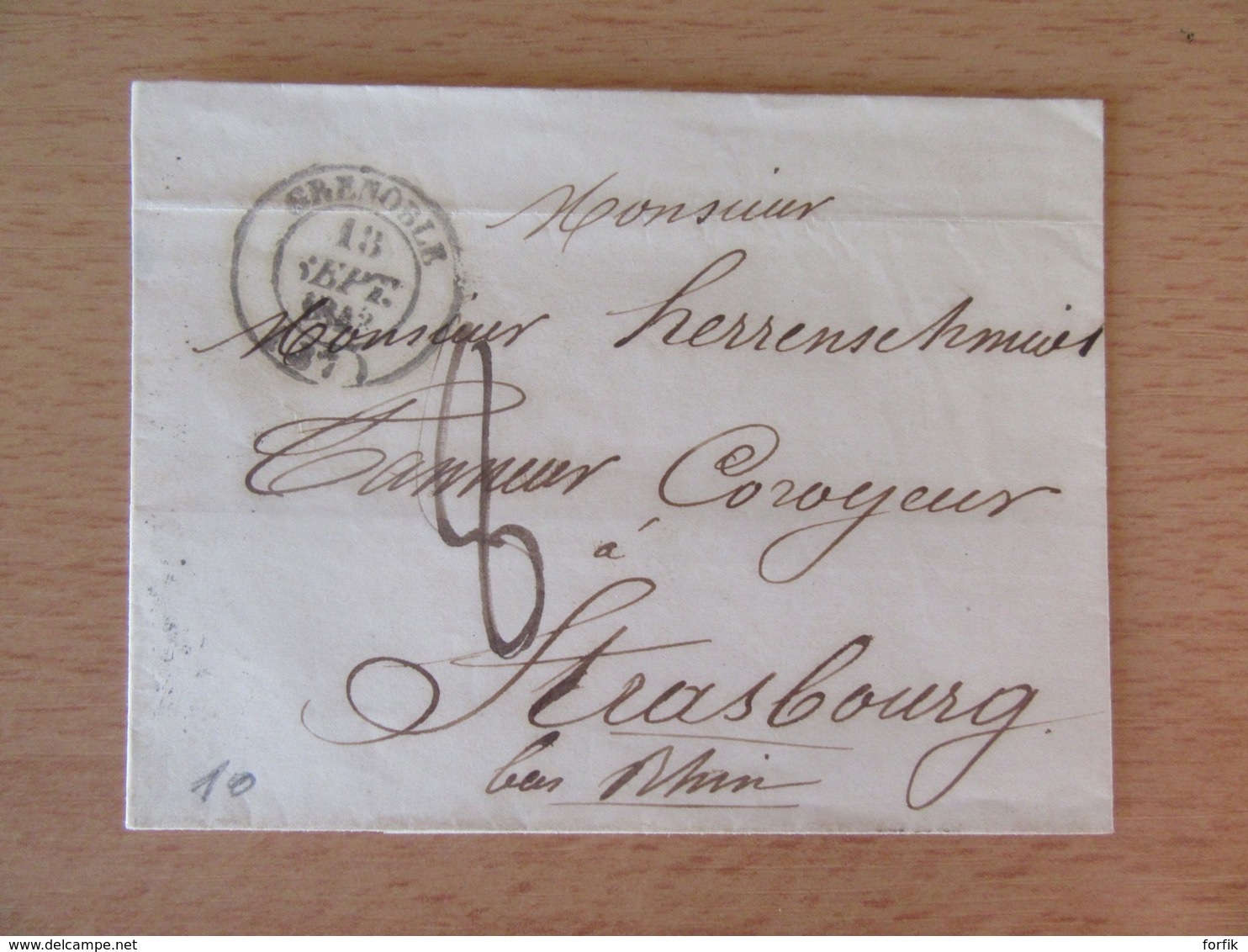 France - Lettre Grenoble Vers Strasbourg - Chiffre-taxe 8 Manuscrit + Cachet Type 14 - Septembre 1843 - 1801-1848: Precursors XIX