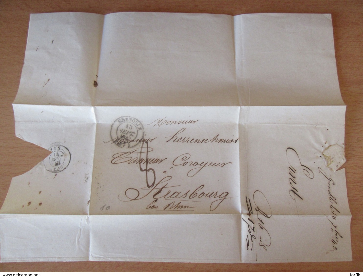 France - Lettre Grenoble Vers Strasbourg - Chiffre-taxe 8 Manuscrit + Cachet Type 14 - Septembre 1843 - 1801-1848: Precursors XIX