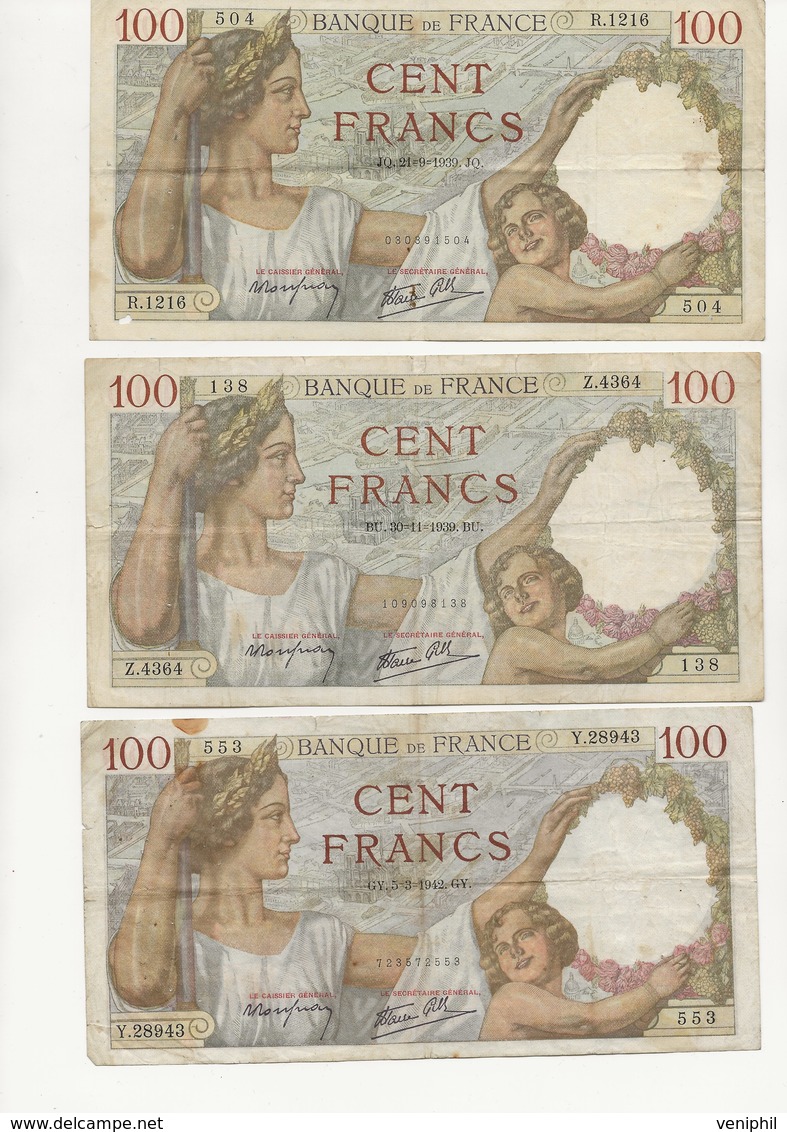 LOT DE 3 BILLETS SULLY - ANNEE 1939 -1942 ETAT AB - 100 F 1939-1942 ''Sully''