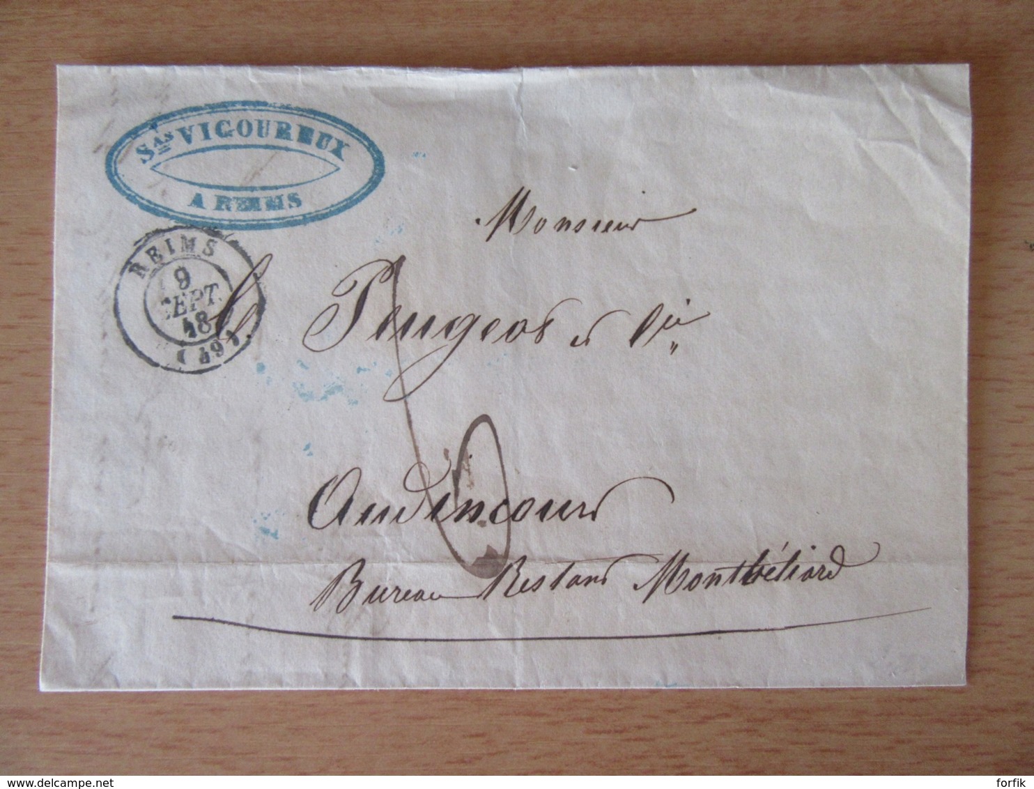 France - Peugeot - Reims Vers Audincourt - Chiffre-taxe 6 Manuscrit  + Cachet à Date Bleu Au Verso - Septembre 1848 - 1801-1848: Precursors XIX