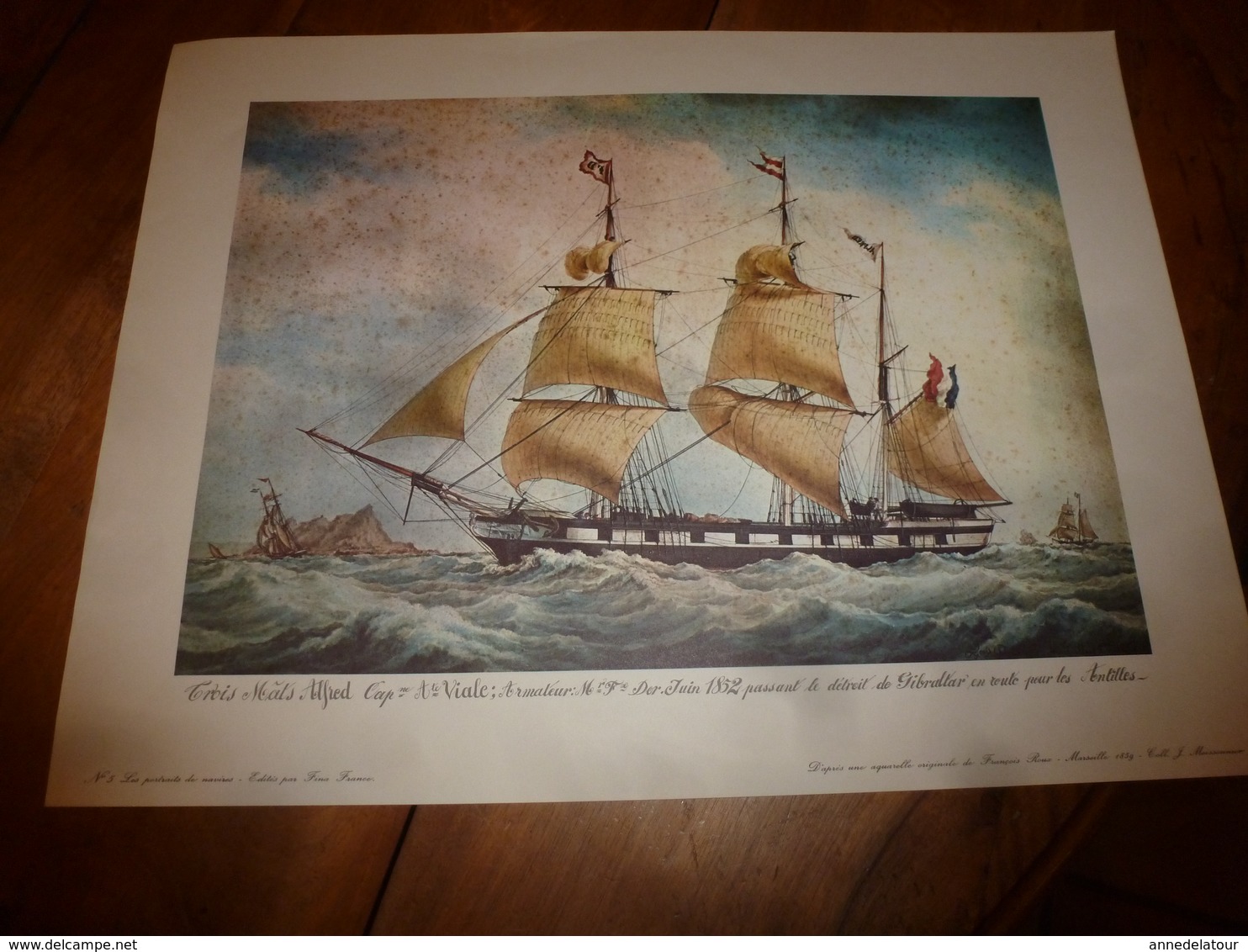 Trois Mâts ALFRED ,Capitaine Viale,au Détroit De Gibraltar, Pour ANTILLES (Portrait Navire  ,dim. Hors-tout = 48 X 36cm - Decoración Maritima