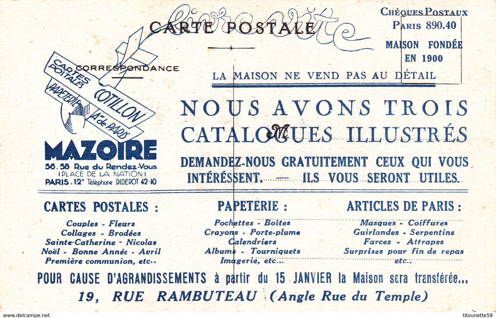 75-PARIS- "MAISON MAZOIRE" - 56-58 Rue Du Rendez-Vous,Paris 12e-Magasin Cartes Postales-PUBLICITE-PAPETERIE-METIER- - Autres & Non Classés