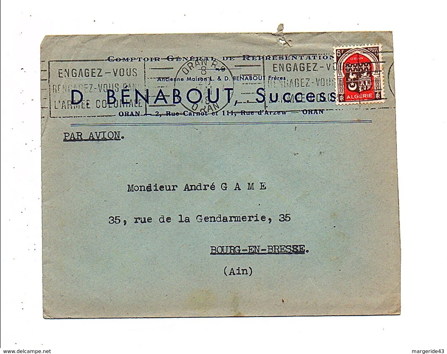 ALGERIE LETTRE A EN TETE DE ORAN POUR LA FRANCE 1948 - Lettres & Documents