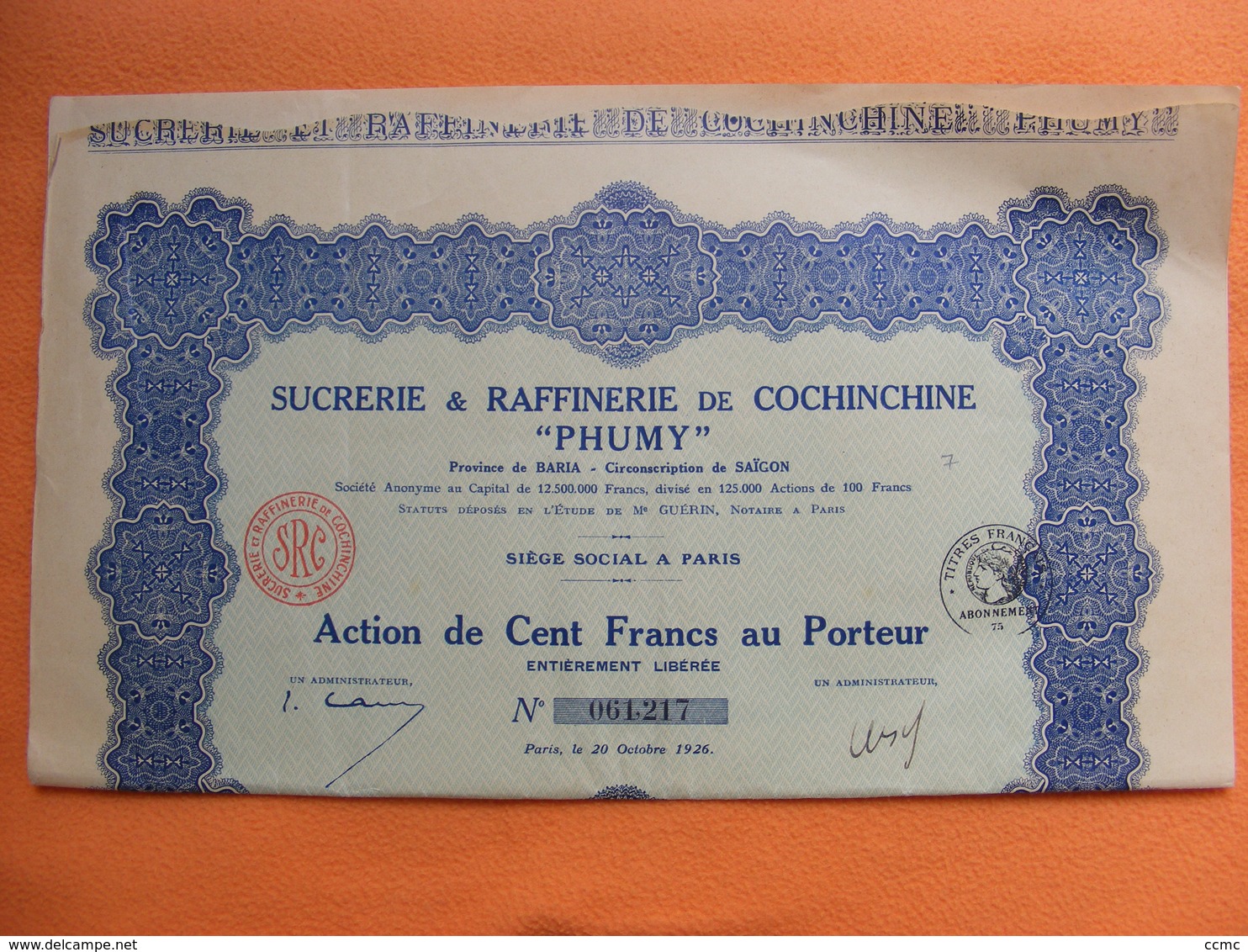 Action 1926 - Sucrerie & Raffinerie De Cochinchine "Phumy" - Saïgon - 100 Frs Au Porteur (Viêt Nam) - Autres & Non Classés