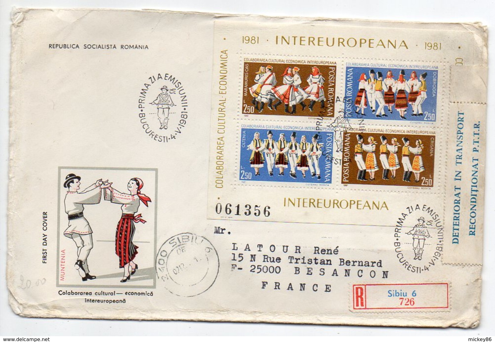 Roumanie-1981-lettre Recommandée SIBIU Pour Besançon-(France)-composition De Timbres Recto Verso +vignette DETERIORAT - Lettres & Documents