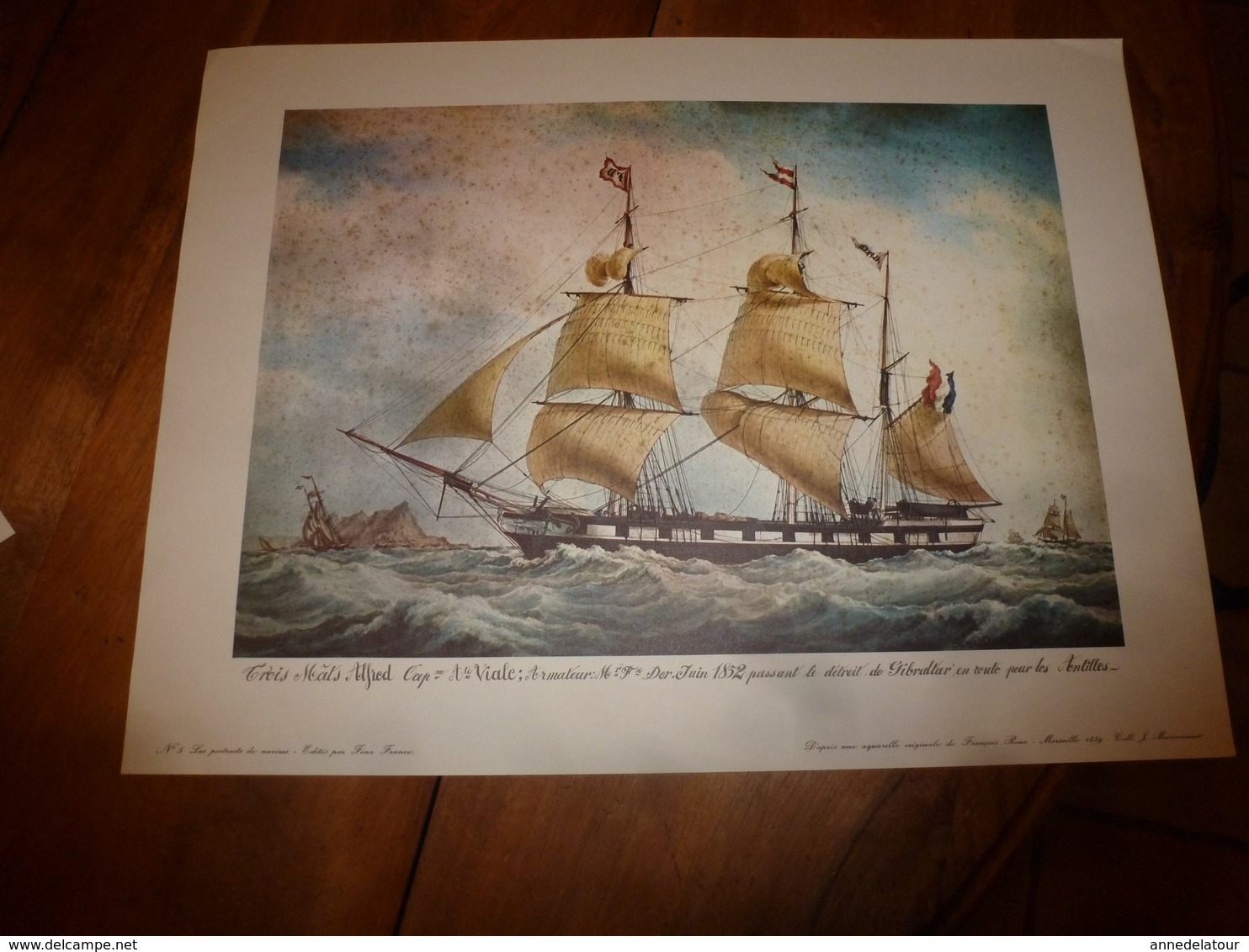 Trois Mâts ALFRED ,Capitaine Viale,au Détroit De Gibraltar, Pour ANTILLES (Portrait Navire  ,dim. Hors-tout = 48 X 36cm - Maritime Dekoration