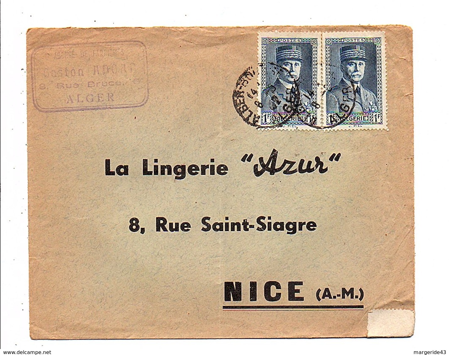 ALGERIE PETAIN SUR LETTRE DE ALGER POUR LA FRANCE 1942 - Lettres & Documents