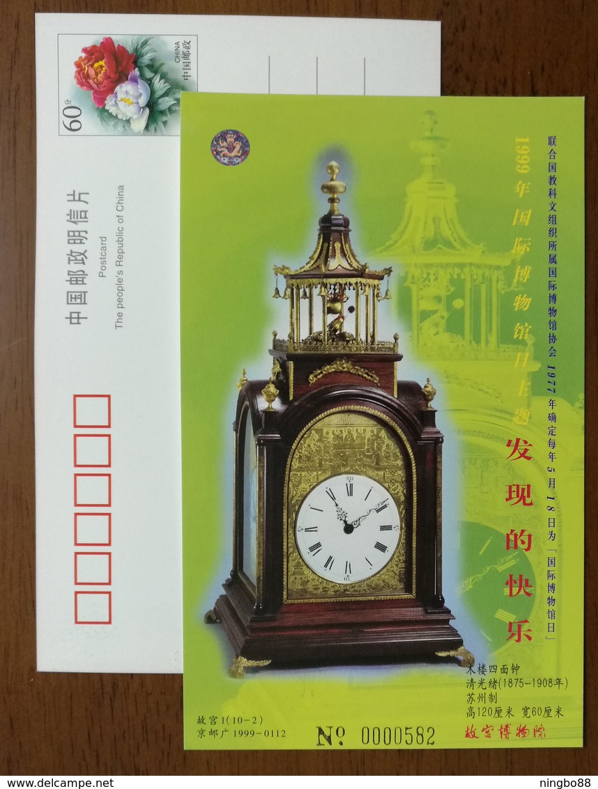 Wooden Building Four Sides Clock,CN99 The Palace Museum UNESCO International Museum Day Advertising Pre-stamped Card - Horloges