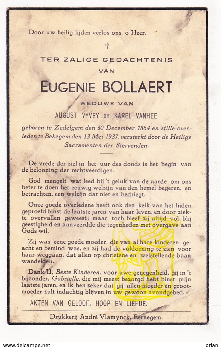 DP Eugenie Bollaert ° Zedelgem 1864 † Bekegem Ichtegem 1937 X A. Vyvey Xx K. Vanhee - Devotion Images