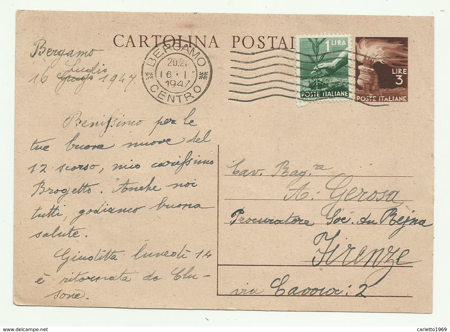 CARTOLINA POSTALE LIRE 3 CON AGGIUNTA LIRE 1 1947 FG - 1946-60: Oblitérés