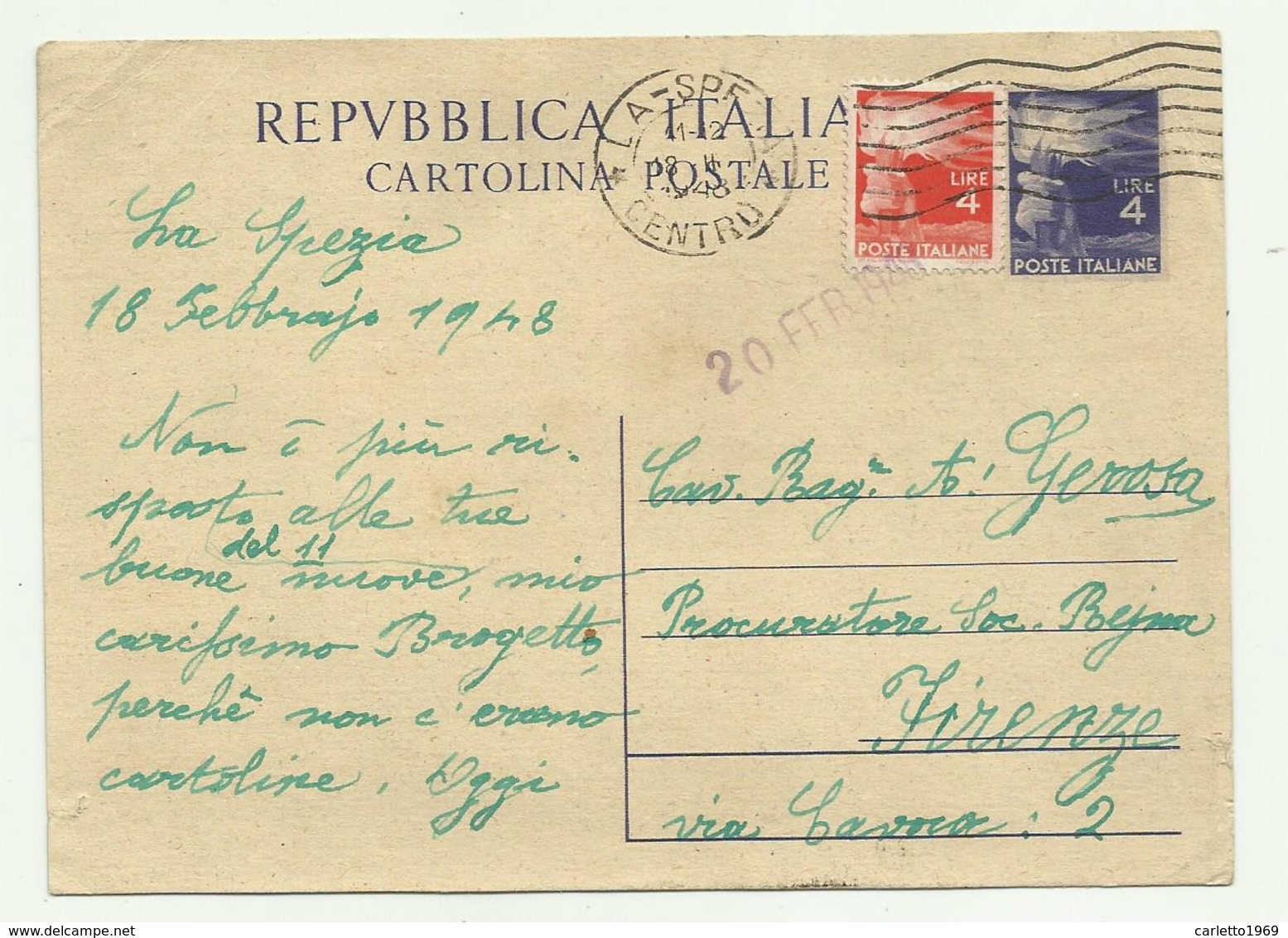 CARTOLINA POSTALE LIRE 4 CON AGGIUNTA LIRE 4 1948 FG - 1946-60: Afgestempeld