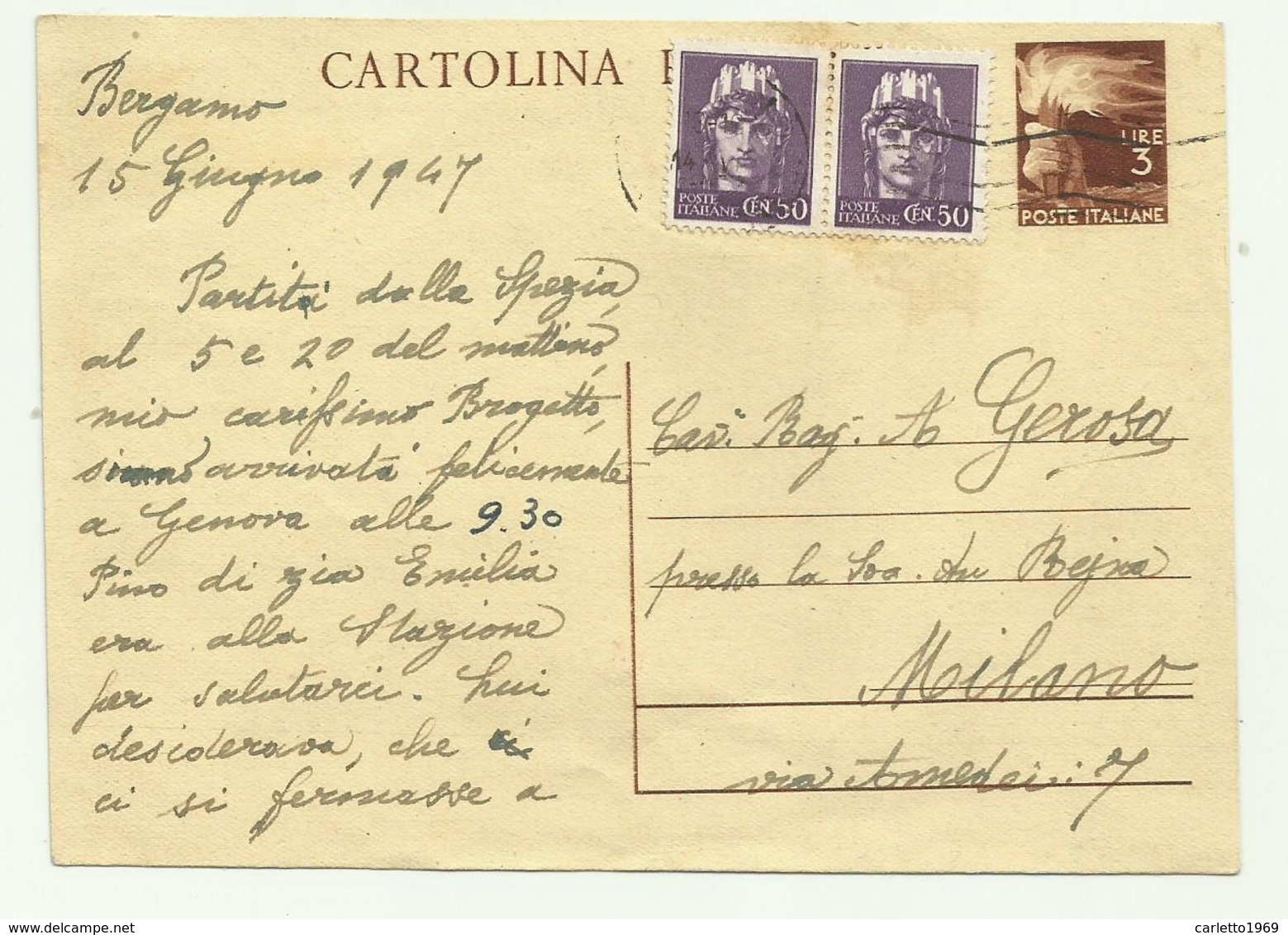 CARTOLINA POSTALE LIRE 3  CON AGGIUNTA 2 DA CENTESIMI 50 LUOTENENZA 1947 FG - 1946-60: Oblitérés