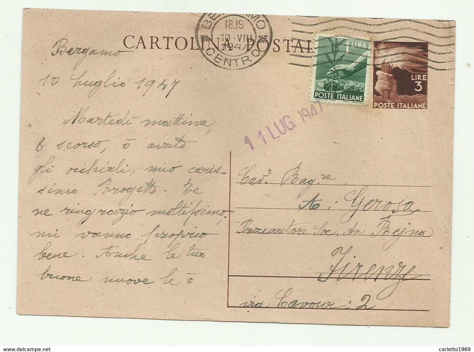 CARTOLINA POSTALE LIRE 3 CON AGGIUNTA LIRE 1  1947  FG - 1946-60: Oblitérés