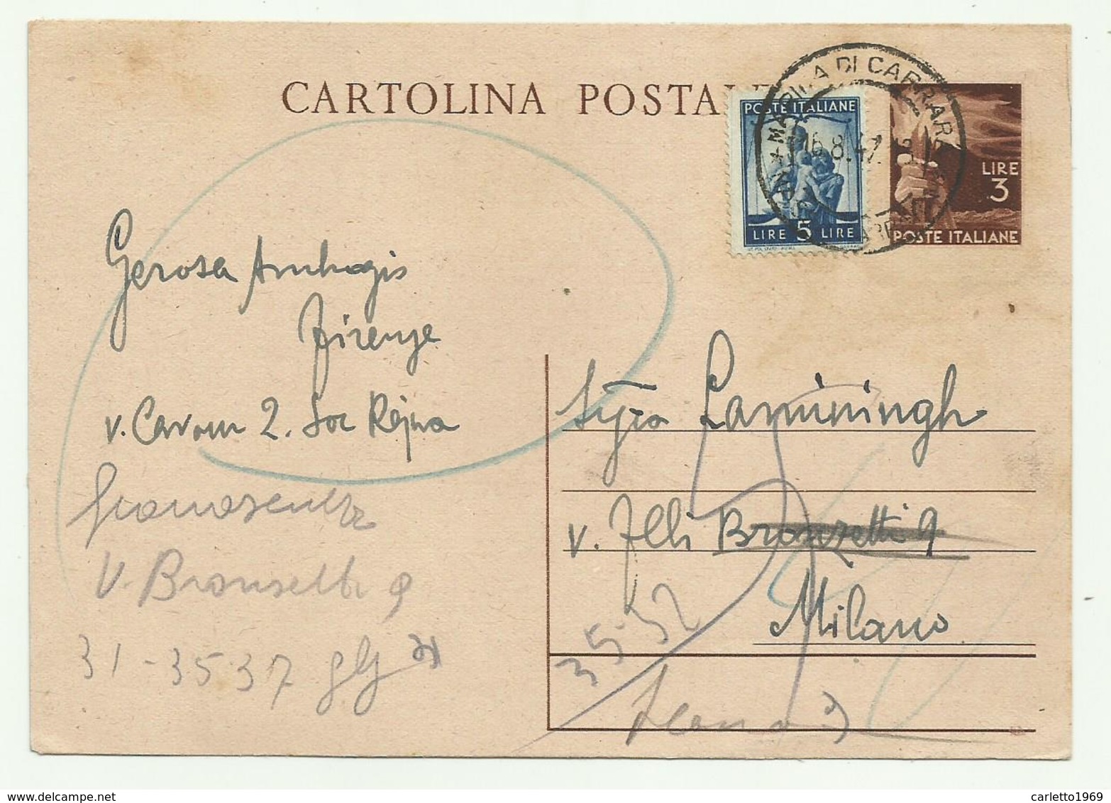 CARTOLINA POSTALE LIRE 3 CON AGGIUNTA LIRE 5  1947  FG - 1946-60: Oblitérés