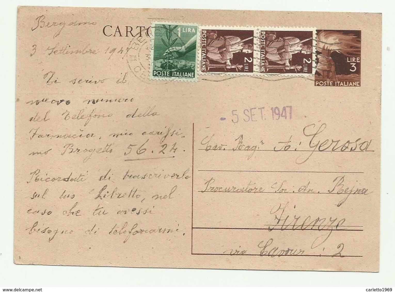 CARTOLINA POSTALE LIRE 3 CON AGGIUNTA LIRE 1+2 DA LIRE 2  1947  FG - 1946-60: Afgestempeld