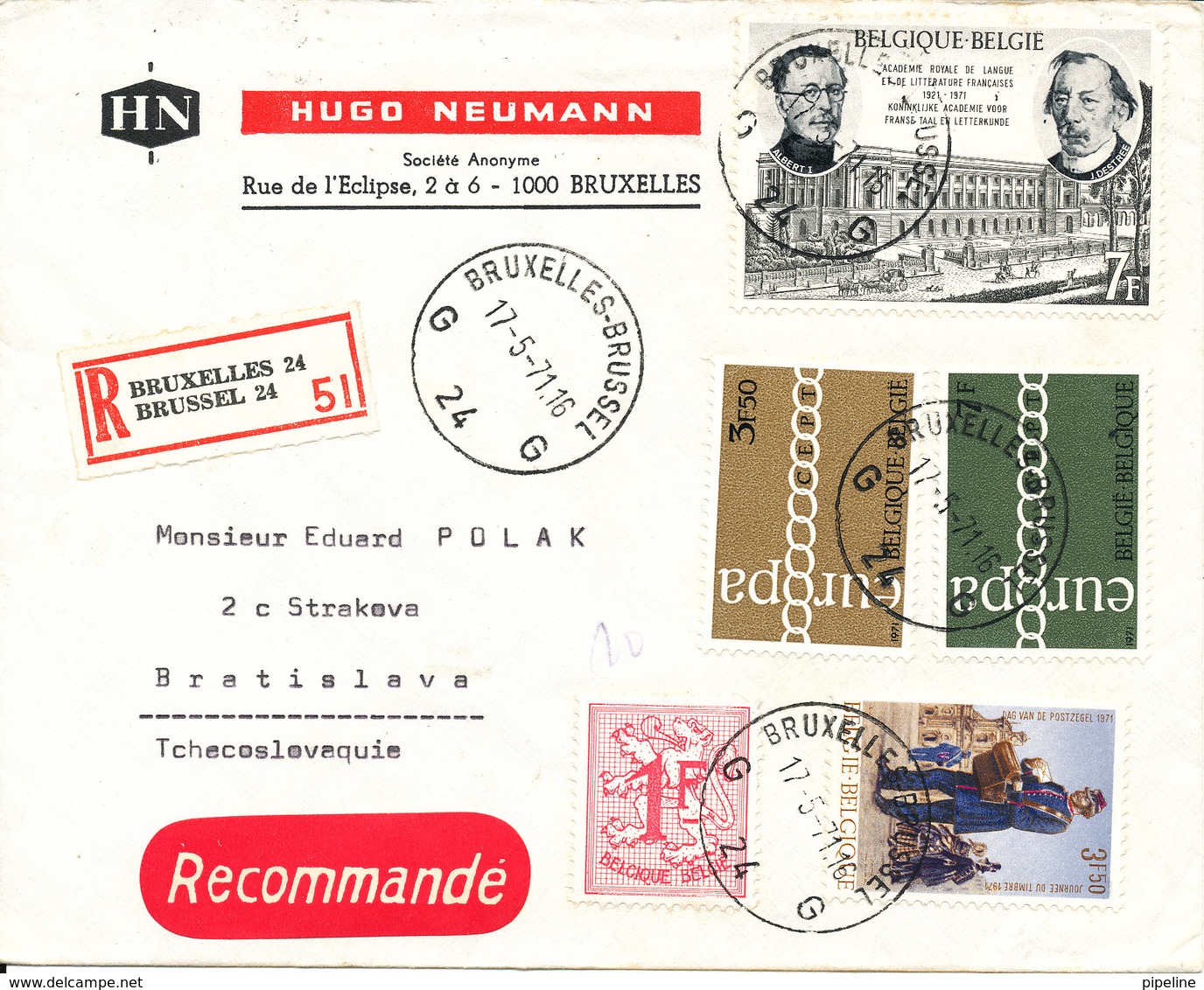 Belgium Registered Cover Sent To Czechoslovakia Bruxelles 17-5-1971 With Topic Stamps EUROPA CEPT And Other - Lettres & Documents