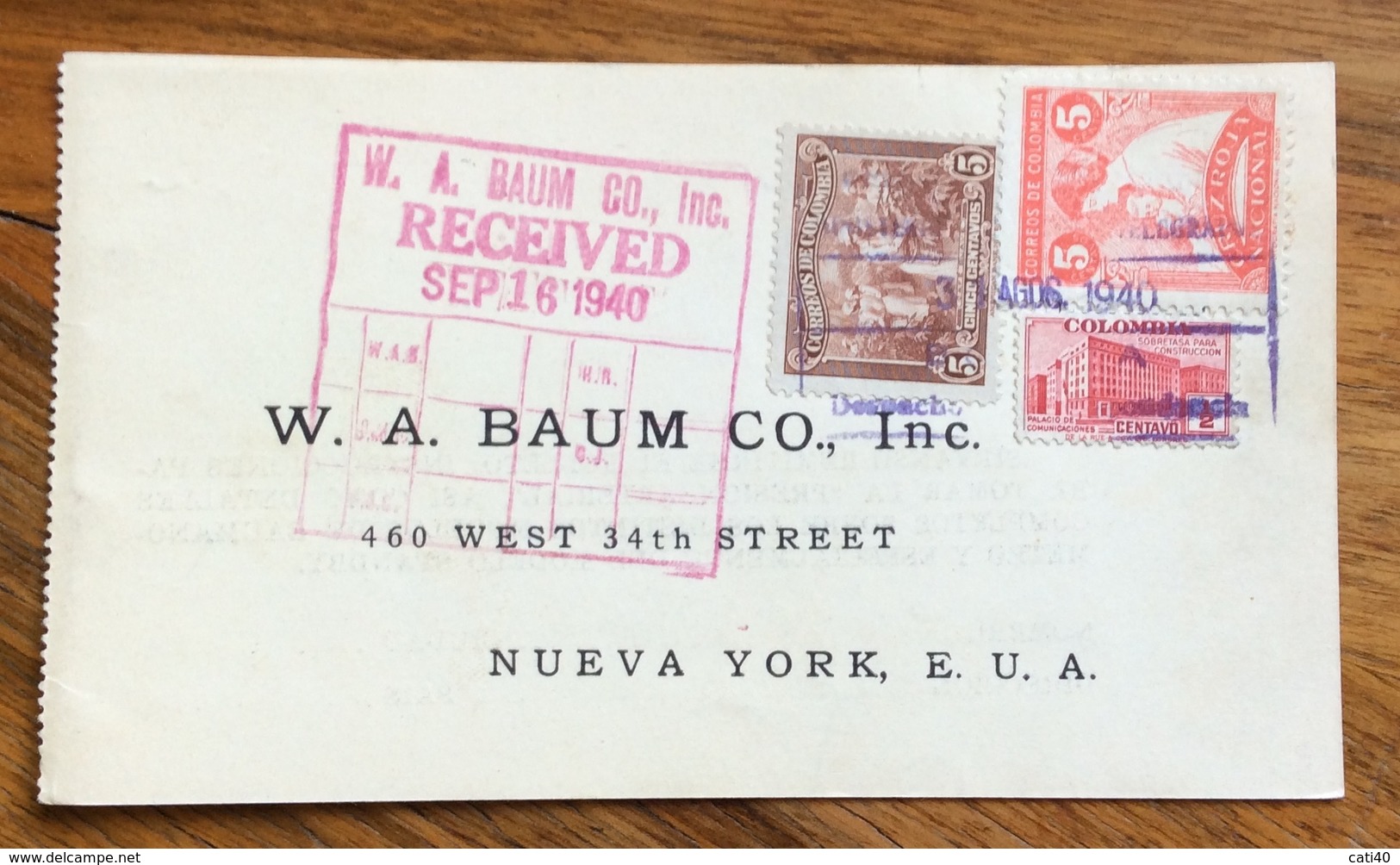 COLOMBIA  U.S.A.  FROM  BOGOTA'  TO  NEW YORK  THE  3/8/1940 - Bolivia