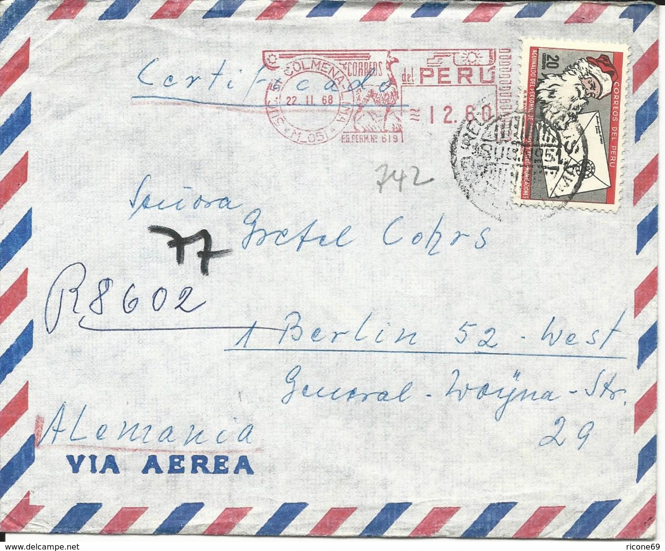 Peru 1968. 20 C. Sta. Claus Auf Luftpost Brief M. Lama Freistempel V. Colmena - Pérou