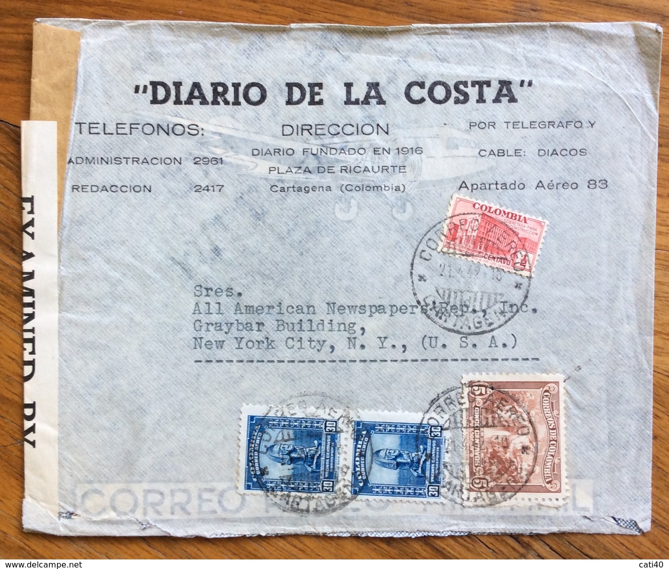 POSTA AEREA PAR AVION  COLOMBIA  U.S.A.   FROM CARTAGENA   TO NEW YORK  THE  21/4/42  CENSURATA DIARIO DE LA COSTA - Bolivia