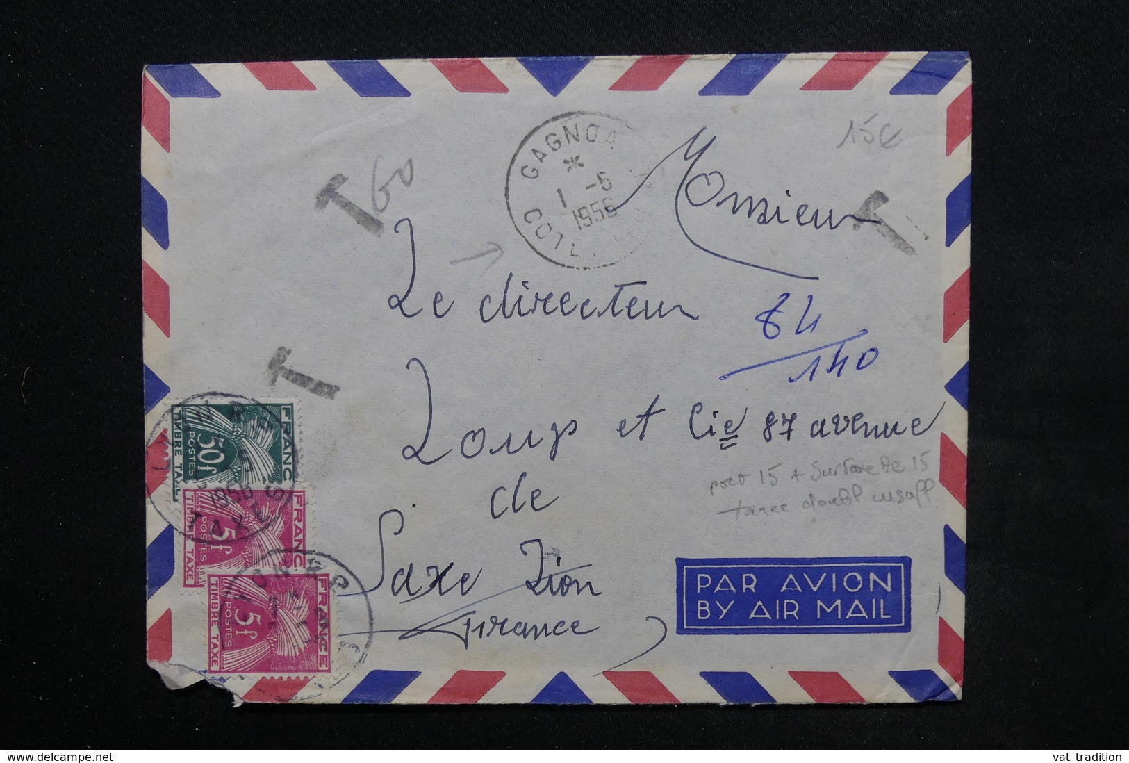 FRANCE - Taxes De Lyon Sur Enveloppe De Gagnoa ( Côte D 'Ivoire ) En 1956 - L 24001 - 1859-1959 Lettres & Documents