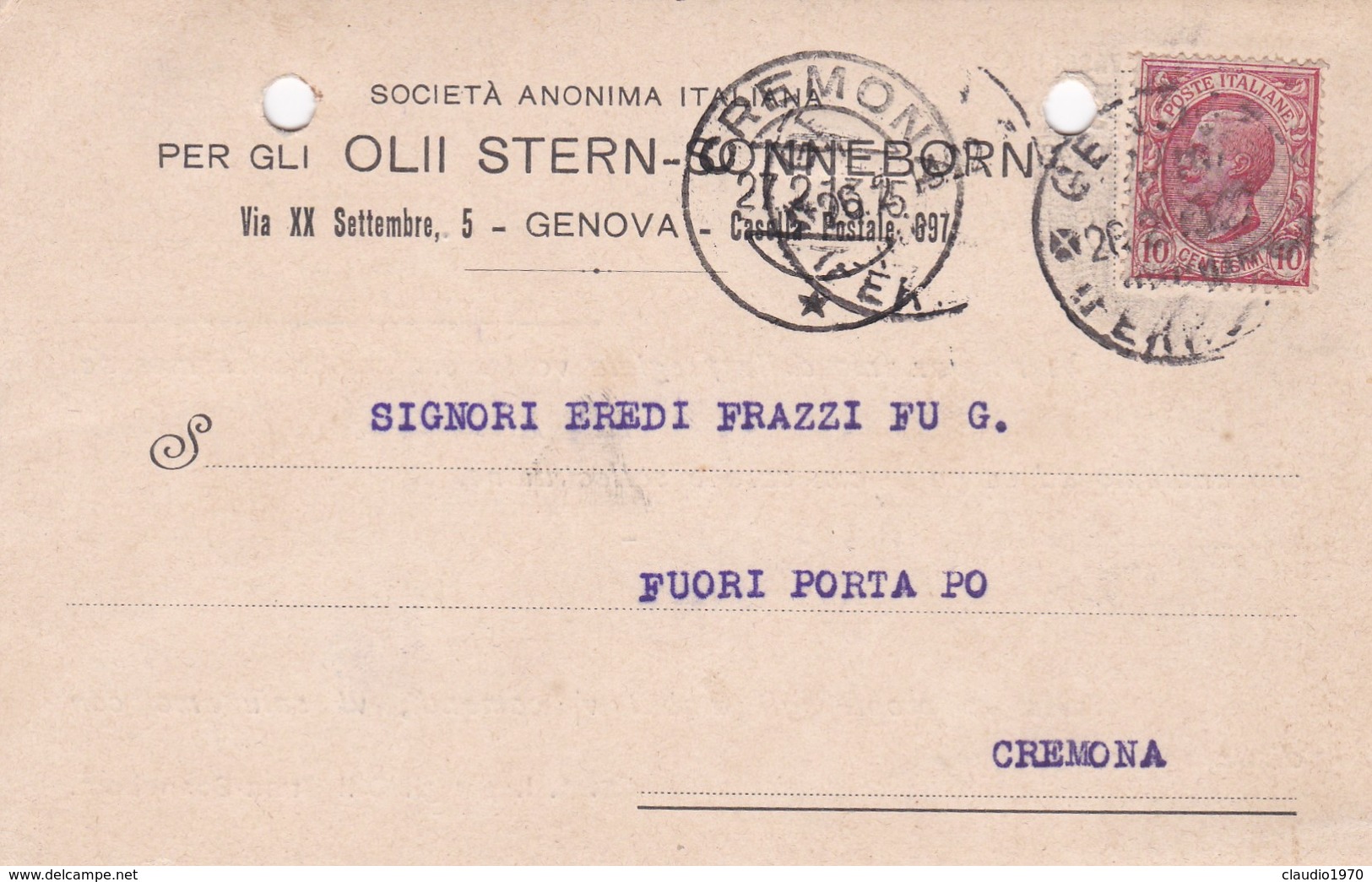 STORIA POSTALE- GENOVA - SOCIETA' ANONIMA ITALIANA -VIAGGIATA DA GENOVA PER CREMONA - Storia Postale