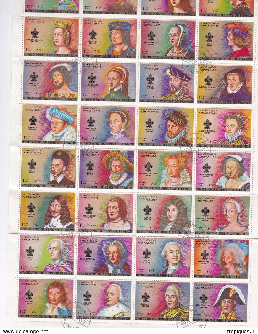 AJMAN EMIRATS ARABES UNIS 1972 KINGS AND QUEENS OF FRANCE ROIS ET REINES DE FRANCE FEUILLE COMPLETE DE 34 TIMBRES OBLITE - Ajman