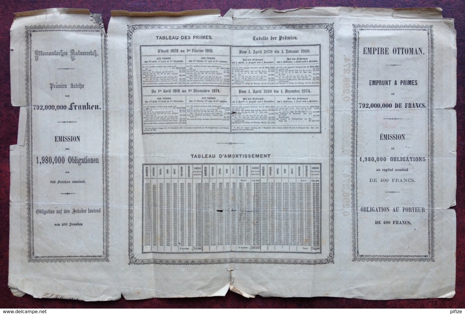 Empire Ottoman . Obligation Au Porteur De 400 F . Constantinople , Turquie , 1870 . - Autres & Non Classés