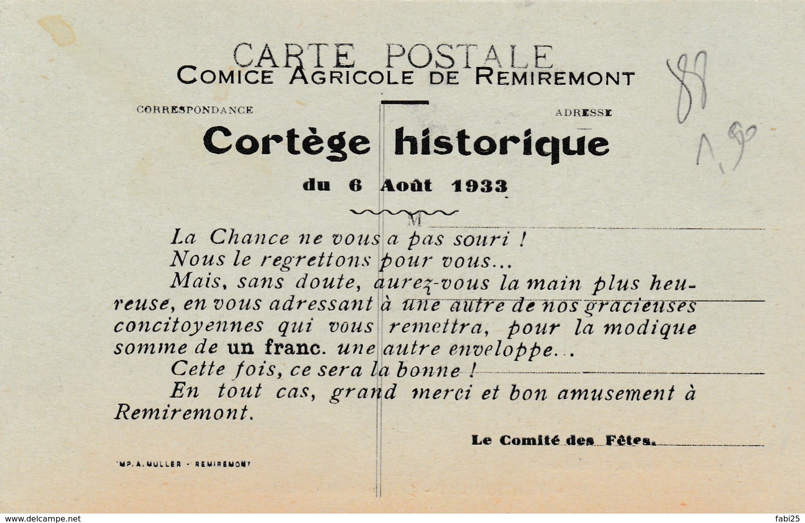 REMIREMONT LA CANAL D ALIMENTATION PUB AU DOS POUR LE COMICE AGRICOLE DI 6 AOUT 1933 VOIS SCAN - Remiremont