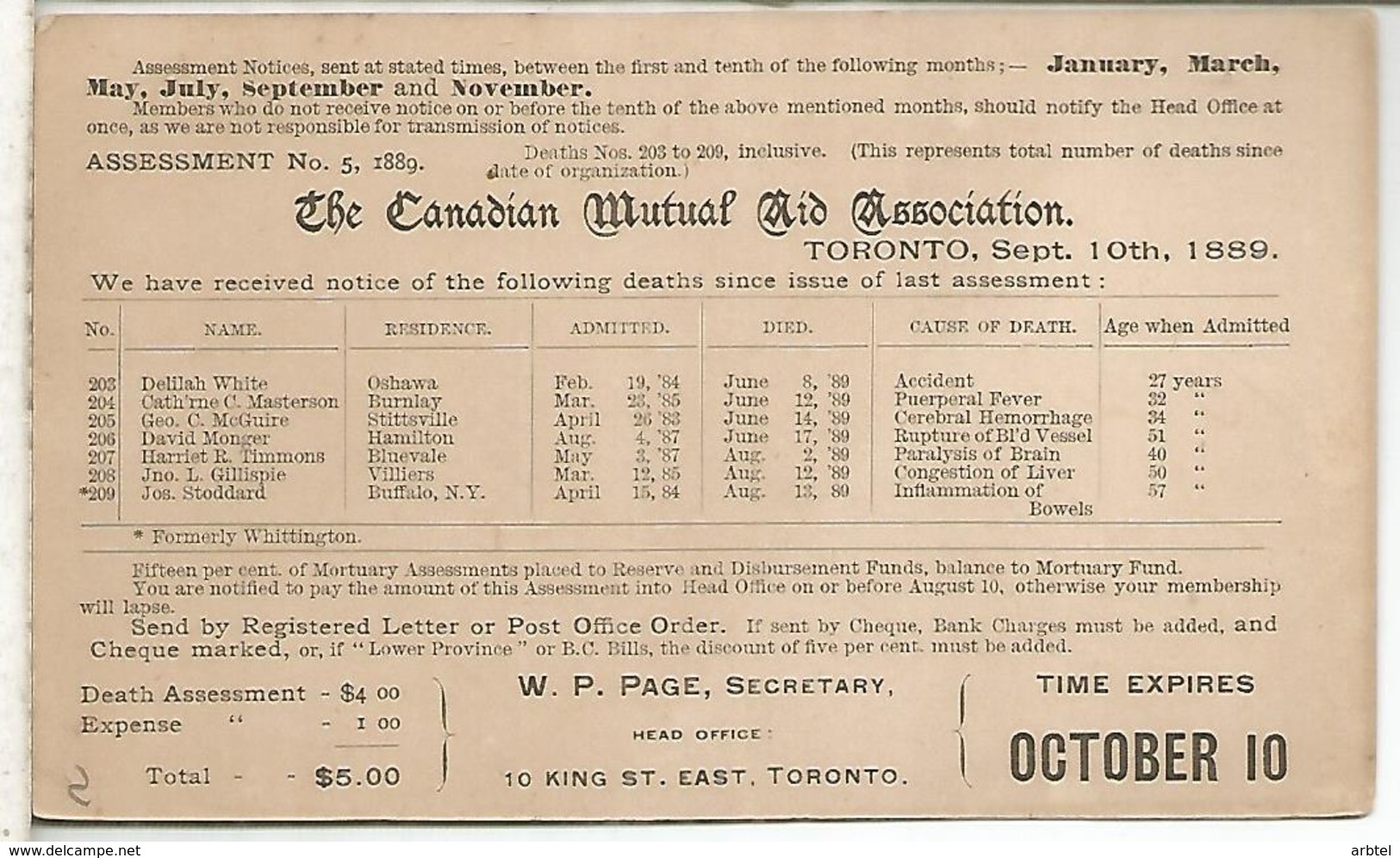 CANADA TORONTO 1889 ENTERO POSTAL CANADIAN MUTUAL AID TARJETA DEFUNCIONES DEATH ENFERMEDAD - Enfermedades