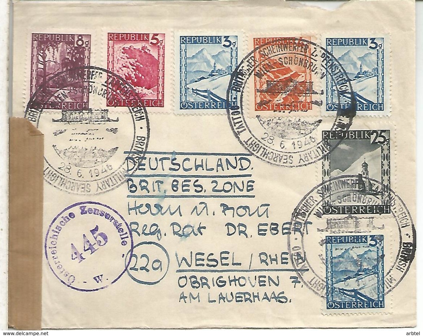 AUSTRIA 1946 CC A ALEMANIA CON CENSURA BRITISH MILITARY SEARCHLIGHT TATTOO WIEN - Lettres & Documents