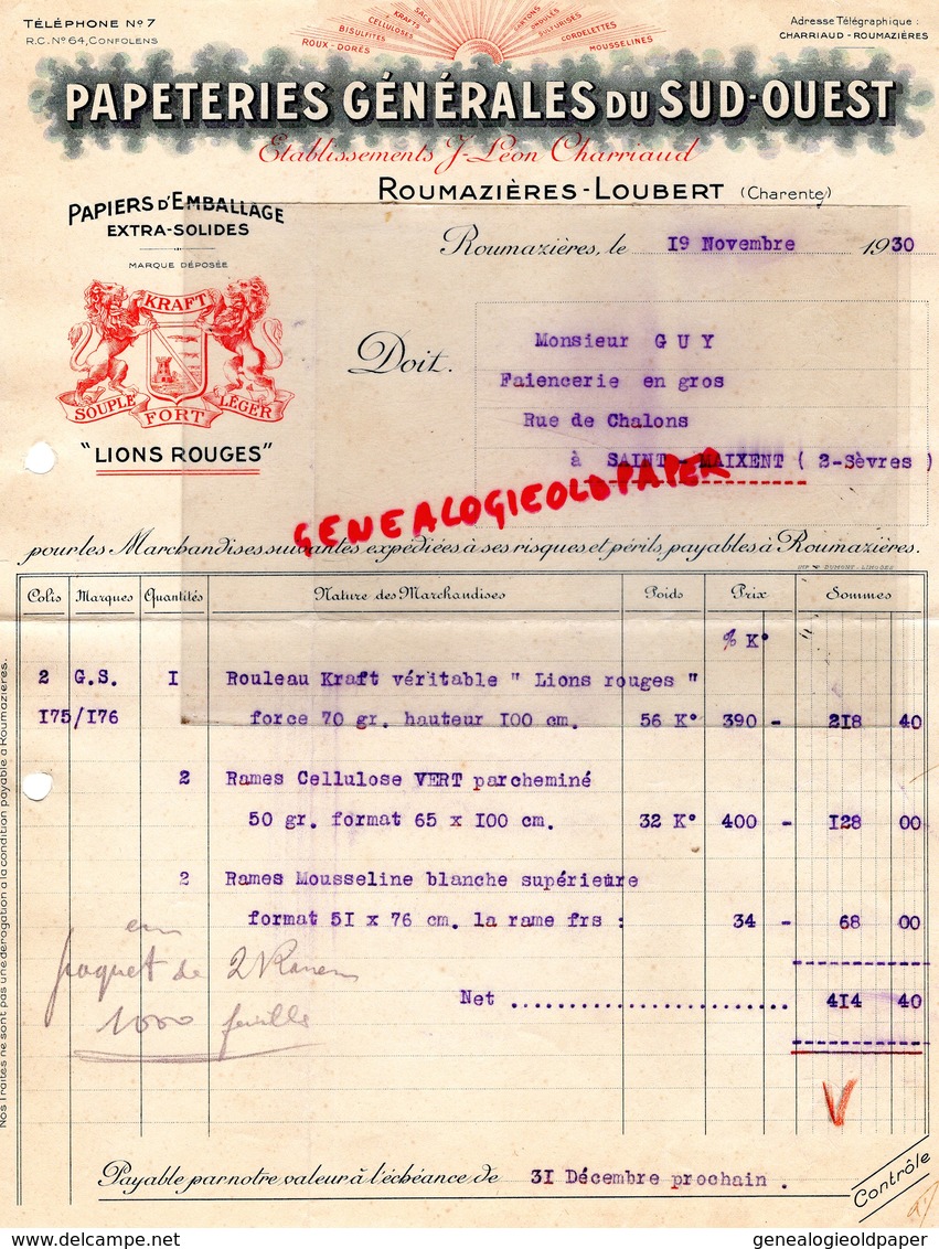 16 - ROUMAZIERES LOUBERT - BELLE FACTURE PAPETERIES GENERALES SUD OUEST- J. LEON CHARRIAUD- KRAFT LIONS ROUGES-1930 - Imprimerie & Papeterie