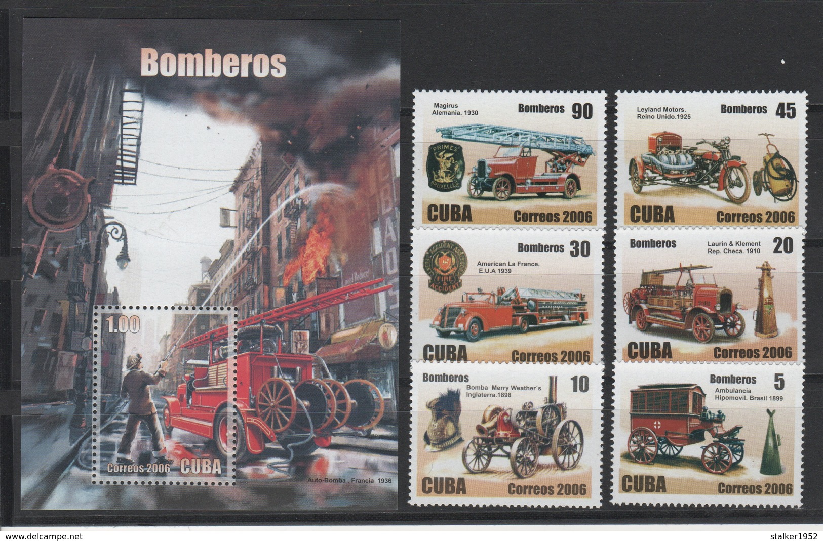 Cuba 2006 Kuba Mi 4871-4876 + Block 219(4877) Fire Trucks / Feuerwehrfahrzeuge MNH/** - Voitures