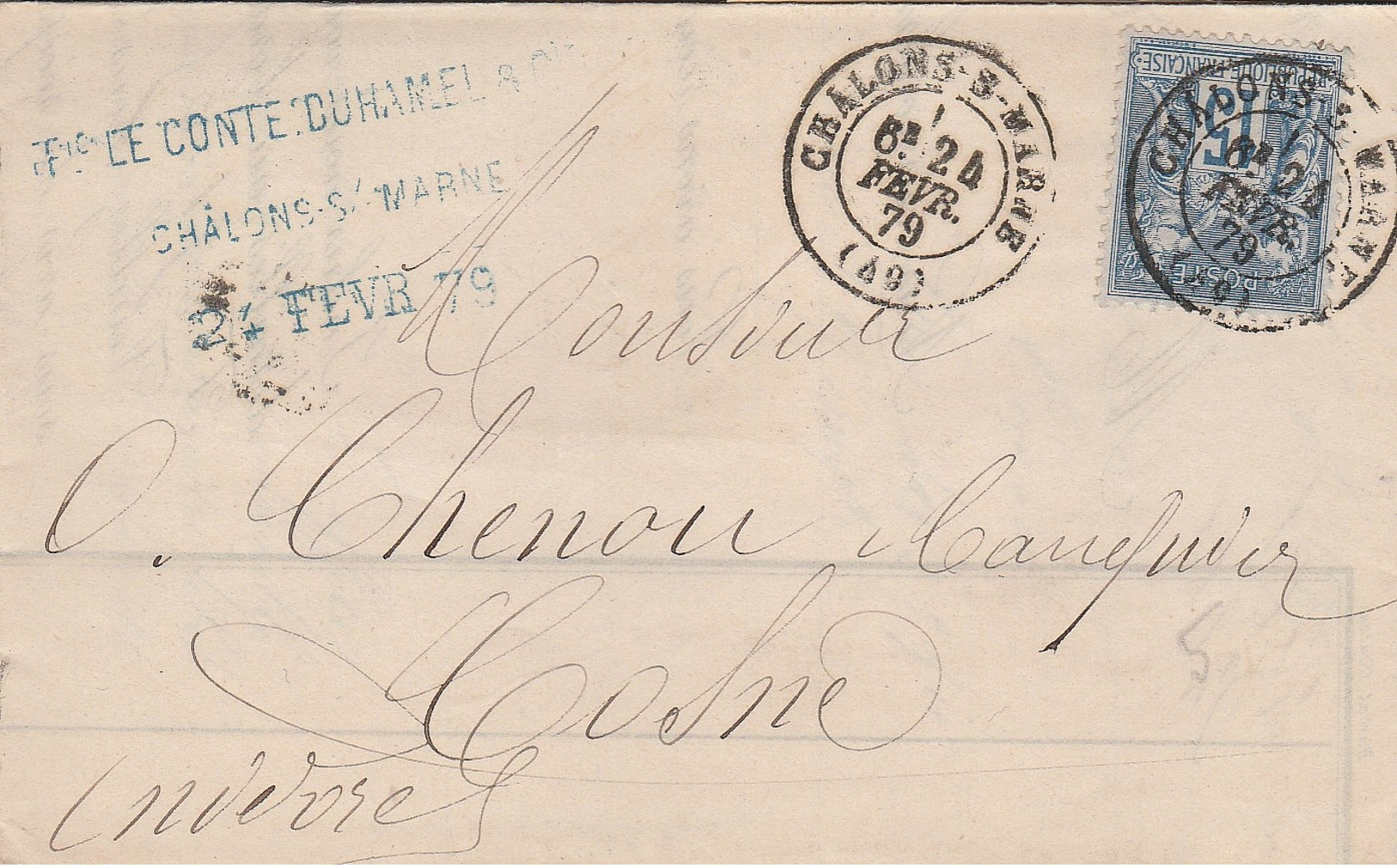 1879-Cachet CHALON S/ MARNE Sur Type Sage 15c & Cachet Convoyeur CHALONS à PARIS A - 1877-1920: Semi Modern Period
