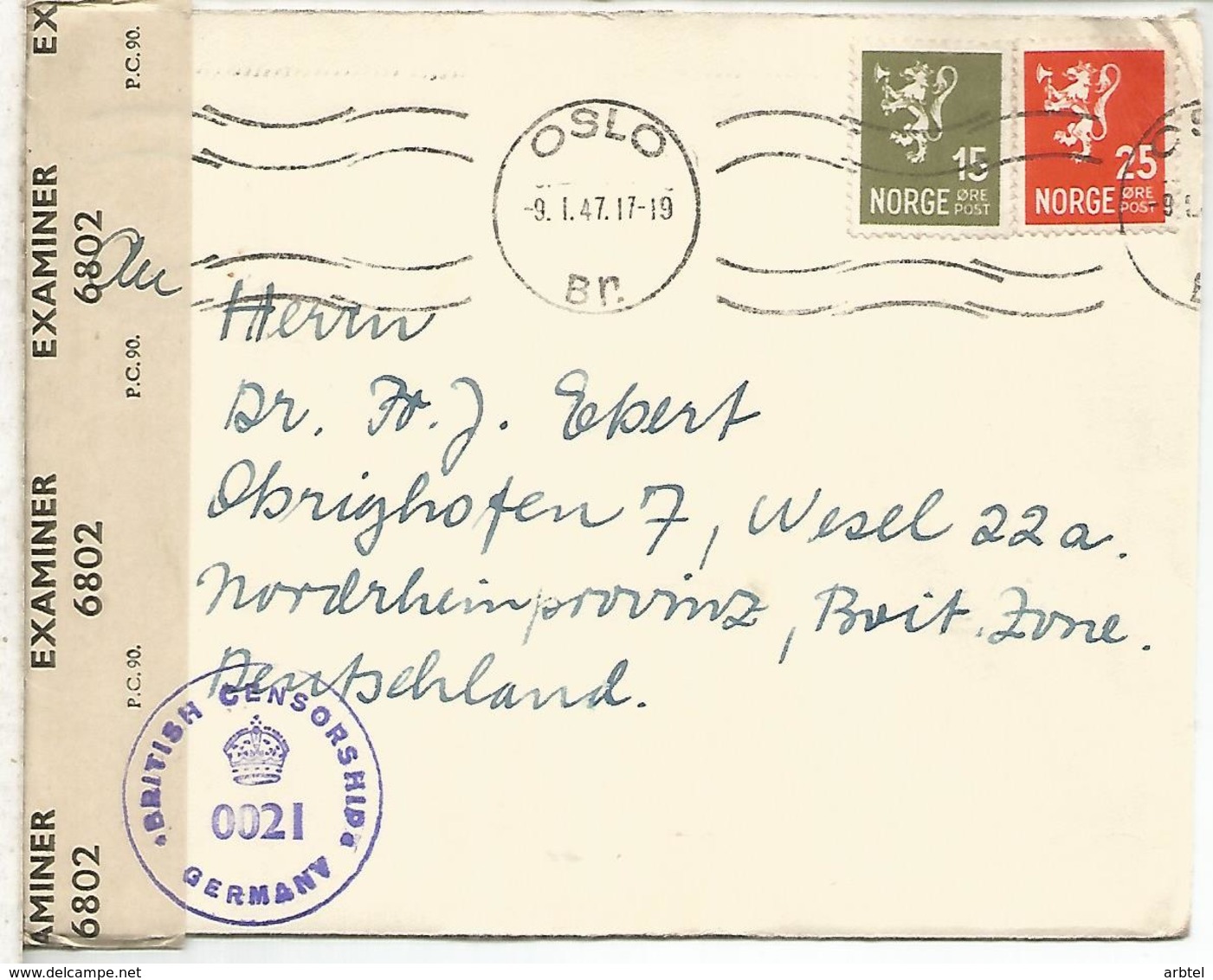 NORUEGA OSLO 1947 CC A ALEMANIA OCUPADA CON CENSURA BRITANICA - Cartas & Documentos