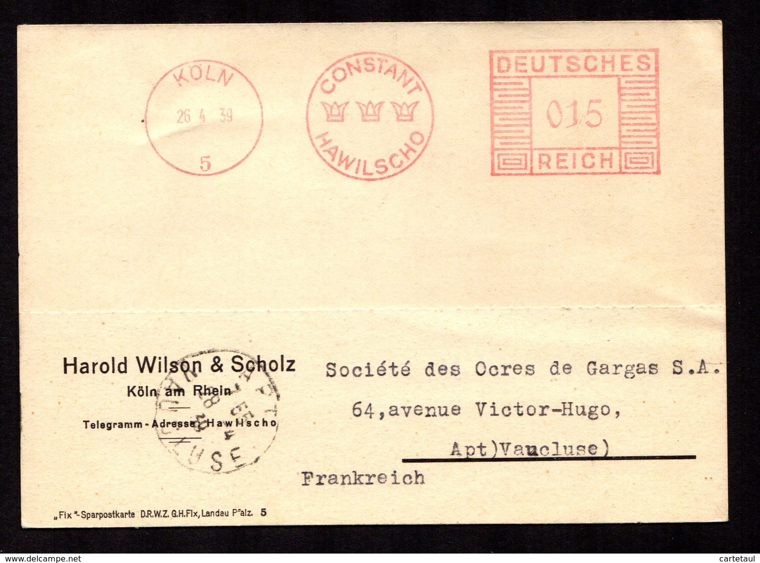 III REICH KOLN 26-4-39 EMA CONSTANT HAWILSCHO 015 DM Pour APT 28-4-39 Dos KRAG Transit LE BOURGET PORT-AERIEN 27IV39 TB - Covers & Documents