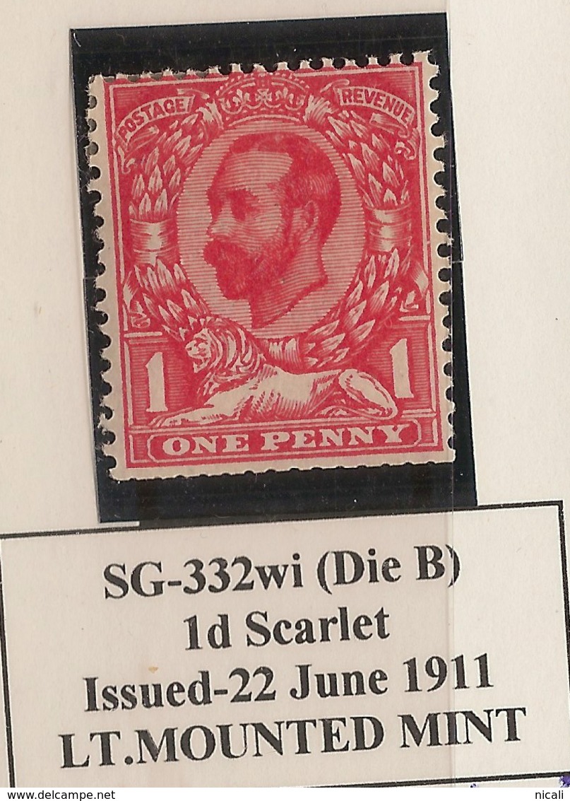 GB 1911 1d Carmine Inverted Wmk KGV SG 332wi HM #AVF13 - Unused Stamps