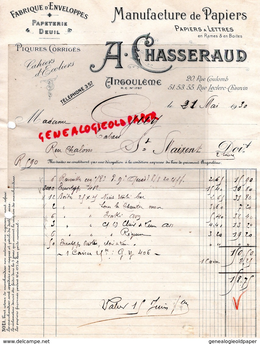 16 - ANGOULEME -FACTURE MANUFACTURE  PAPIERS PAPETERIE IMPRIMERIE-A.CHASSERAUD -20 RUE COULOMB-1930 - Druck & Papierwaren