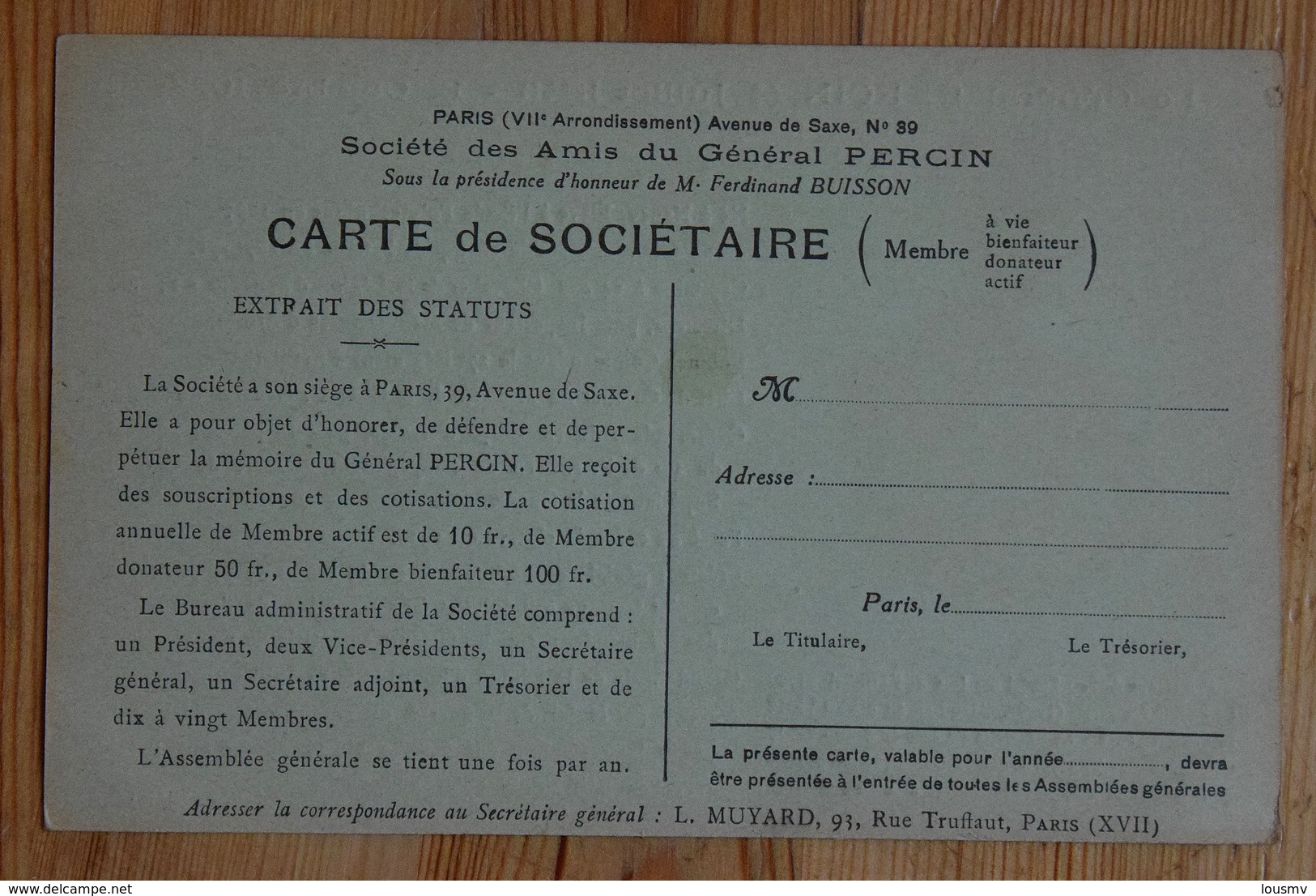 Société Des Amis Du Général Percin - Paris Avenue De Saxe - Carte De Sociétaire - (n°14529) - Personajes