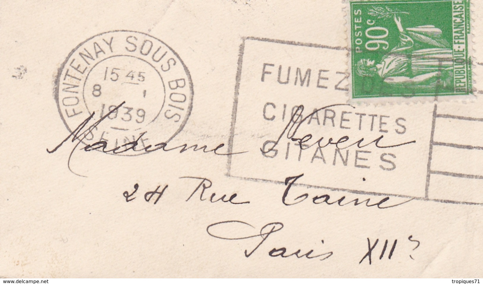 FRANCE LETTRE FONTENAY SOUS BOIS FUMEZ DES CIGARETTES GITANES TYPE PAIX N° 367 90C VERT SEUL SUR LETTRE - 1849-1876: Periodo Classico