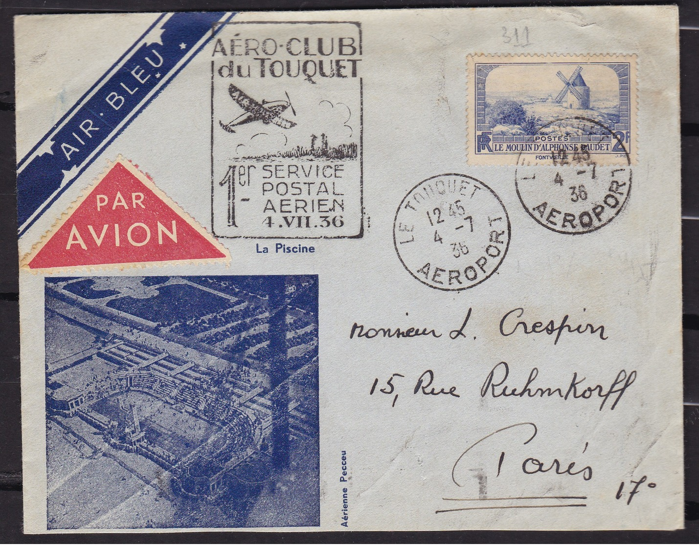 1ER VOL AIR BLEU POSTALE LE TOUQUET PARIS 4/7/1936 F. MULLER 95 YT311 750 PLIS - First Flight Covers