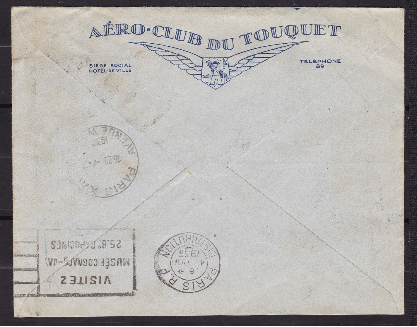 1ER VOL AIR BLEU POSTALE LE TOUQUET PARIS 4/7/1936 F. MULLER 95 YT311 750 PLIS - Erst- U. Sonderflugbriefe